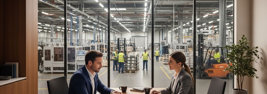 Business owner reviewing purchase order financing for manufacturing operations