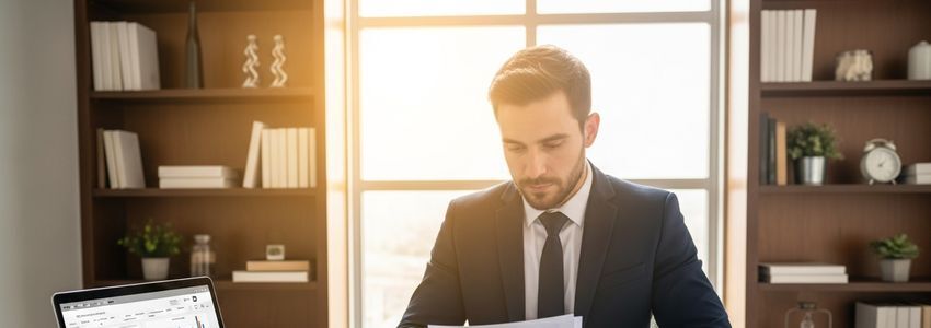 Small business owner reviewing commercial loan refinancing paperwork and financial charts at a professional office desk
