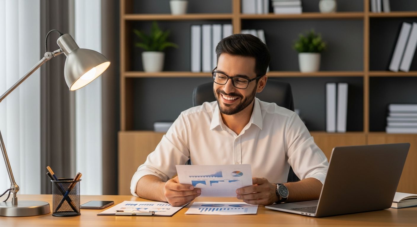 Small business owner reviewing SBA loan approval at their office desk
