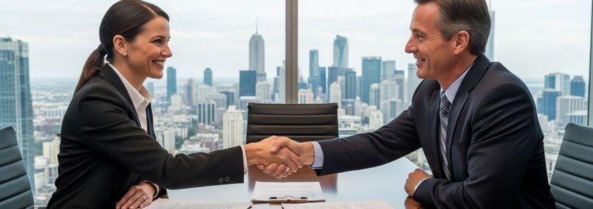 Business lender and client shaking hands at a conference table after securing a signature loan
