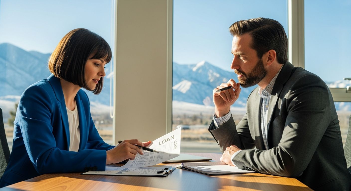 Small business owner and financial advisor reviewing loan documents in a Utah office with mountain views
