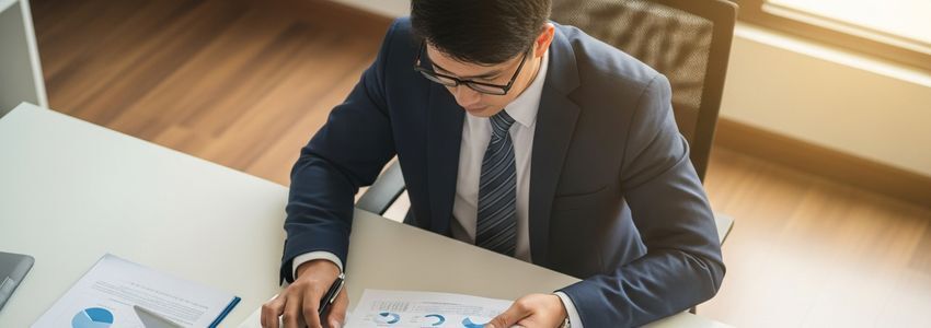 Business owner reviewing income share agreement financing documents at office desk