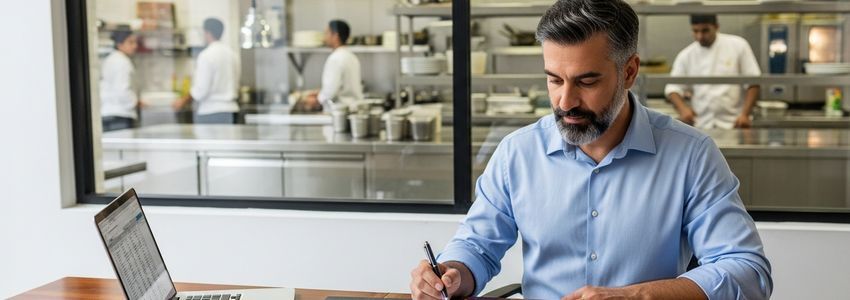 Indian restaurant owner reviewing business loan documents