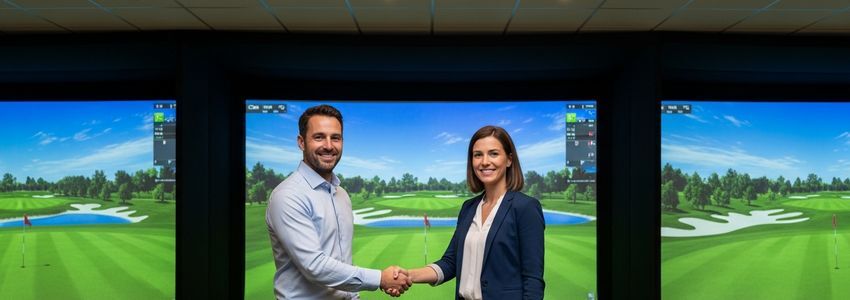 Business owner reviewing indoor golf simulator financing options with Crestmont Capital advisor