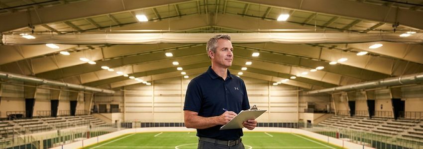 Sports complex owner reviewing indoor soccer facility financing plans beside an indoor turf field