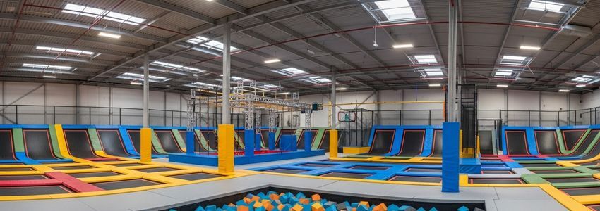 Indoor trampoline park interior with colorful courts and foam pits
