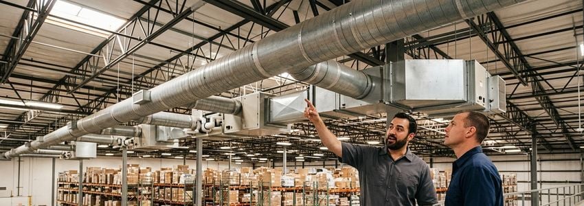 Facility manager inspecting an industrial dehumidifier system in a commercial warehouse