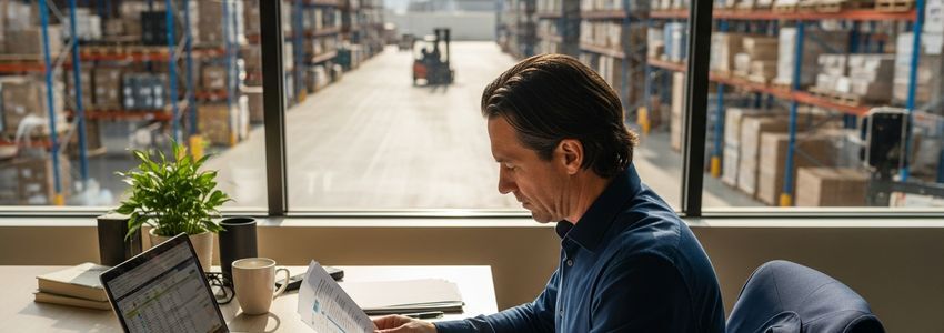 Business owner reviewing industrial equipment financing documents at a warehouse office desk
