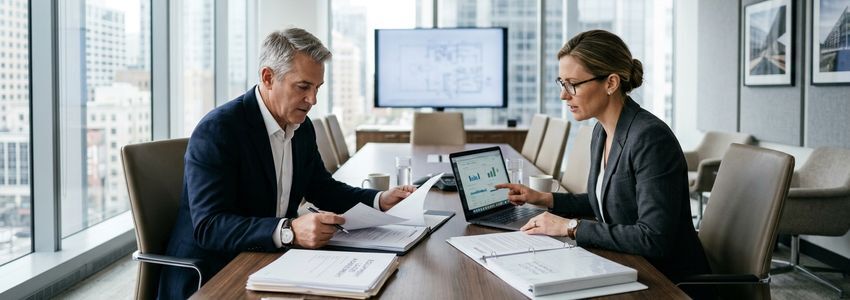 Business owner reviewing industrial equipment financing documents in a manufacturing facility