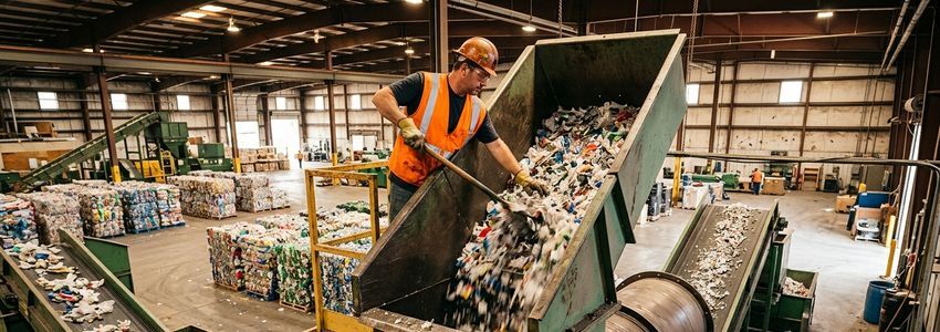 Industrial recycling facility worker operating plastic shredding and sorting equipment
