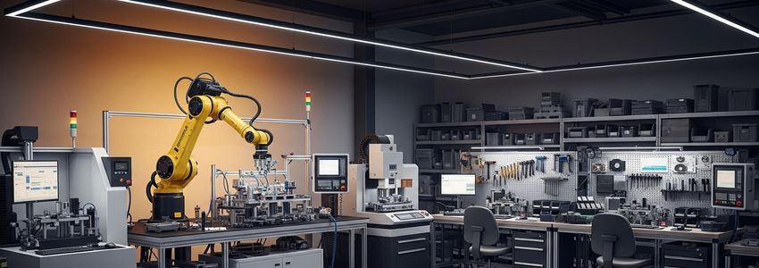 Business owner and engineer reviewing automation equipment setup in modern manufacturing facility