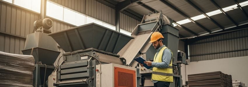Business owner reviewing industrial shredder financing options at a commercial facility