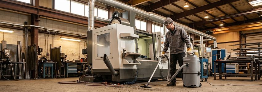 Industrial vacuum and dust collection system installed on a manufacturing shop floor