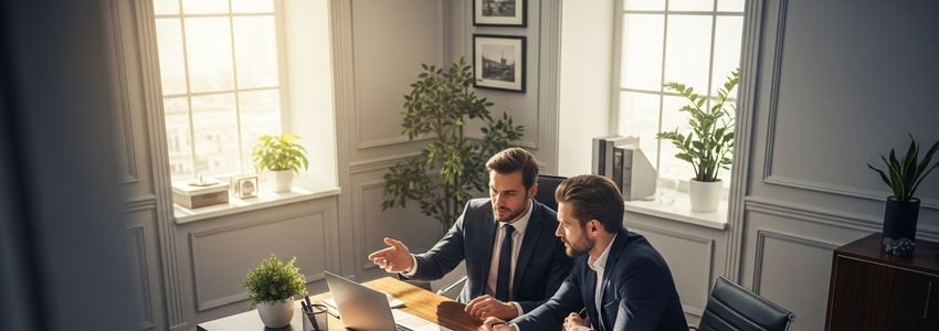 Business owner reviewing loan documents with financial advisor in a modern office, discussing high risk business loan options