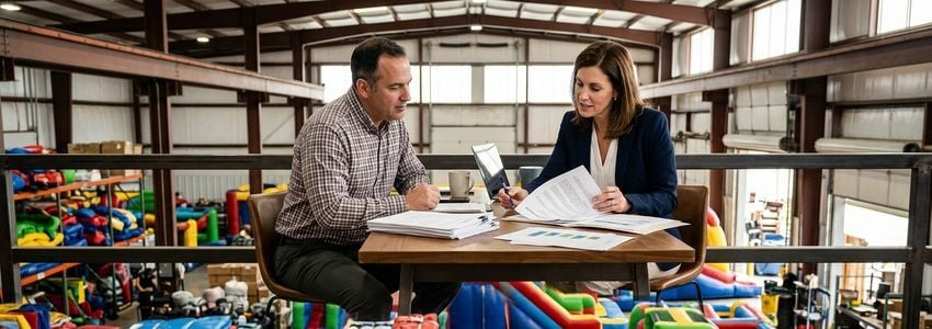 Party rental business owner reviewing equipment financing paperwork with an advisor in a warehouse filled with inflatable equipment