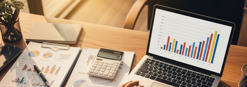 Business financial documents and laptop on office desk showing financial analysis