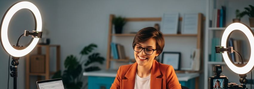 Social media influencer reviewing business loan documents and financial analytics in a professional content creator studio