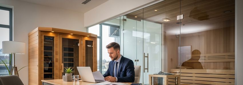 Wellness business owner reviewing infrared sauna financing documents in a commercial facility