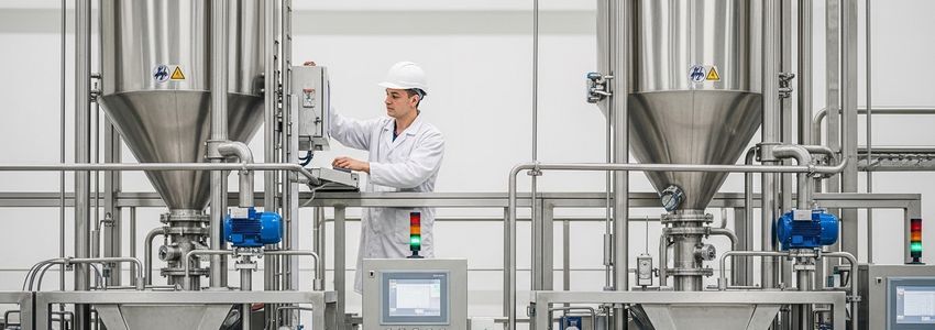 Food manufacturing professional reviewing ingredient batching controls at a production facility