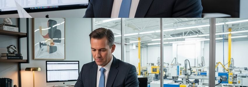 Plastics manufacturer reviewing injection molding equipment leasing agreement in a modern manufacturing facility