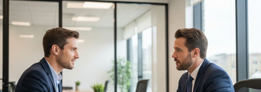 Two business professionals reviewing loan options in a modern office setting