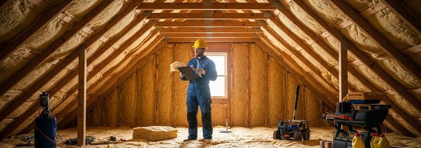 Insulation contractor in attic reviewing project documentation with insulation materials installed around them