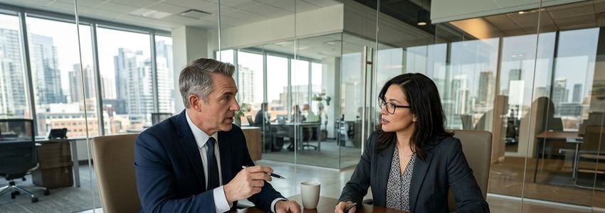 Insurance brokers reviewing business financing options in a professional office setting