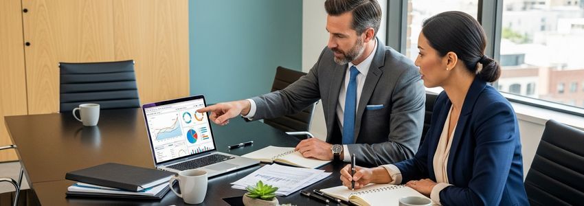 Insurance agency professionals reviewing loan financing documents and financial reports in a modern office