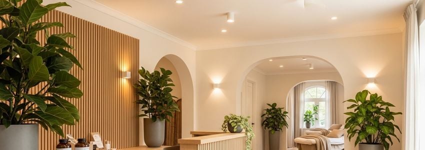 Integrative medicine clinic treatment room with IV therapy station and wellness equipment