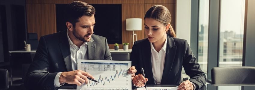 Business professionals analyzing financial charts related to interest rate hikes and loan payments