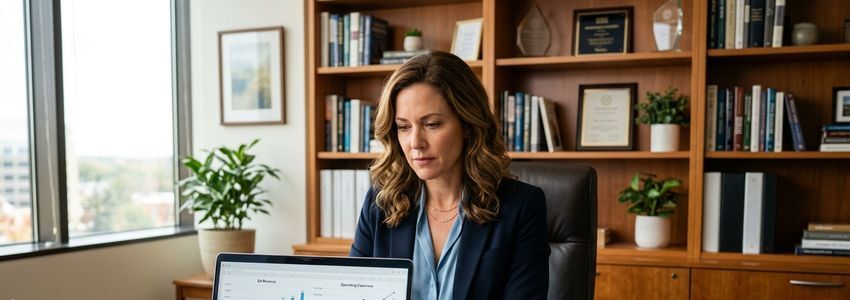 Business professional reviewing financial data and interest rate charts on a laptop in a professional office setting
