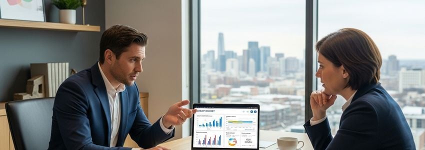 Business advisor discussing loan interest rates and credit score options with small business owner