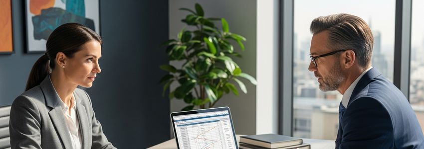Business owner and financial advisor reviewing Interim HealthCare franchise financing documents in a professional office setting