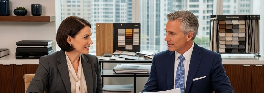 Interior design business owner reviewing loan documents with financial advisor in a design studio