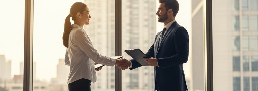 Business professionals shaking hands celebrating an international expansion financing deal
