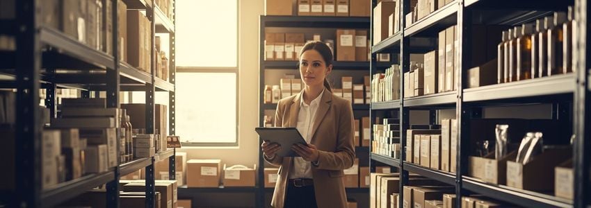 Business owner reviewing inventory in a warehouse stockroom while managing financing