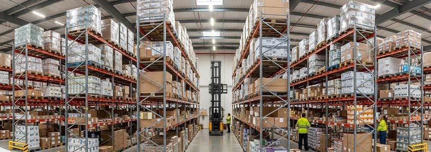 Business manager reviewing inventory data and cost benchmarks in a modern warehouse facility