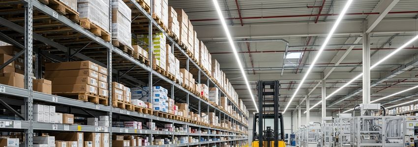 Warehouse with inventory shelves and forklift illustrating inventory financing vs equipment financing