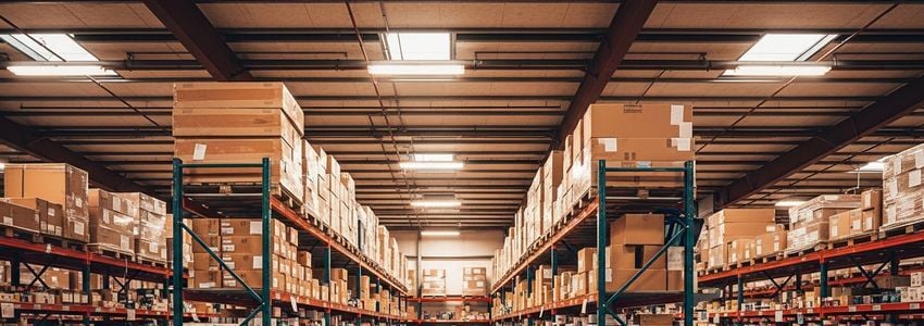 Organized warehouse shelving with inventory boxes, representing small business inventory financing