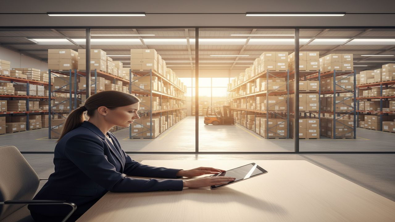 Business owner reviewing inventory financing documents at a desk with warehouse visible in background