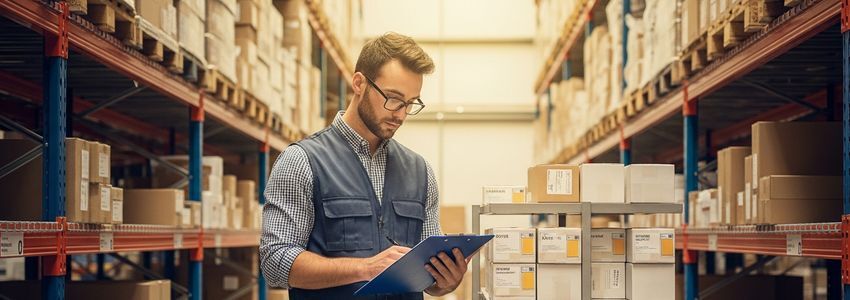 Warehouse worker reviewing inventory on shelves with clipboard - inventory management for small business