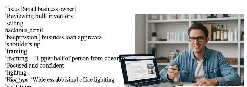 Small business owner reviewing inventory financing options on laptop with products visible on shelves in background