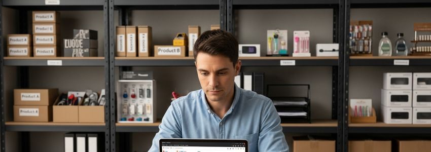 Business owner reviewing inventory financing options at office desk with stock shelves in background