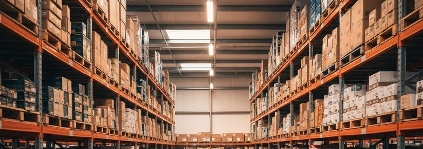 Commercial warehouse shelves stocked with organized inventory boxes representing seasonal business financing