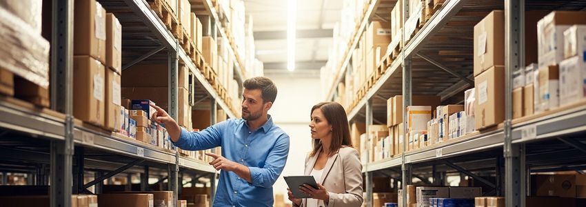 Business professionals reviewing inventory in a commercial warehouse for working capital financing