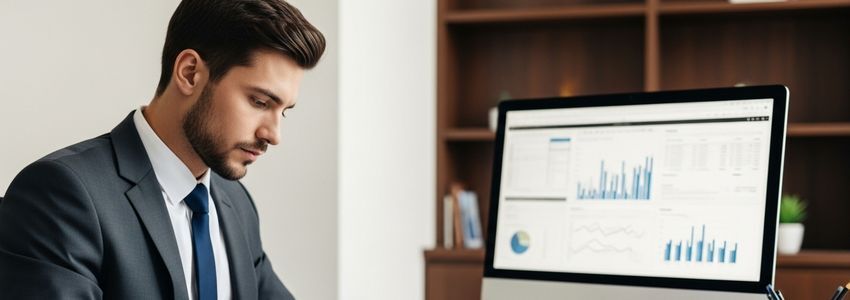Financial advisor reviewing investment firm business loan documents in professional office