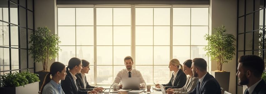 Business professionals reviewing invoice financing documents in a modern corporate meeting room
