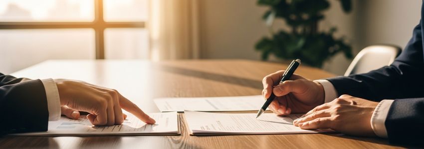 Business professionals reviewing invoice factoring options and cash flow documents at a conference table