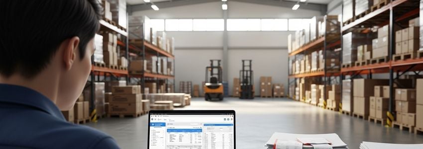 Small business owner reviewing invoices for factoring in a warehouse