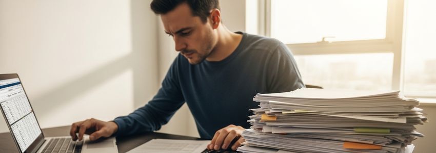 Business owner reviewing invoices and financial documents for invoice factoring
